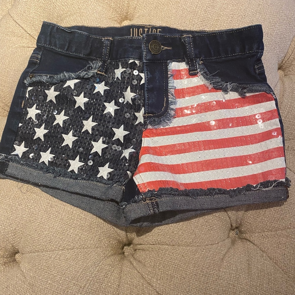 Justice size 12, sparkly American flag denim shorts
